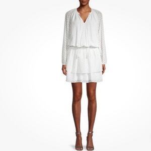 Ramy Brook Textured Dorsey Long Sleeve Blouson Mini Dress Ivory Large Feminine